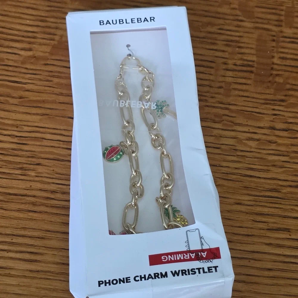 BaubleBar Phone Charm Wristlet Gold Tone Tropical Flamingo Fruit 12 Inch NEW